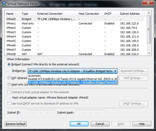 Virtual Network Editor Settings